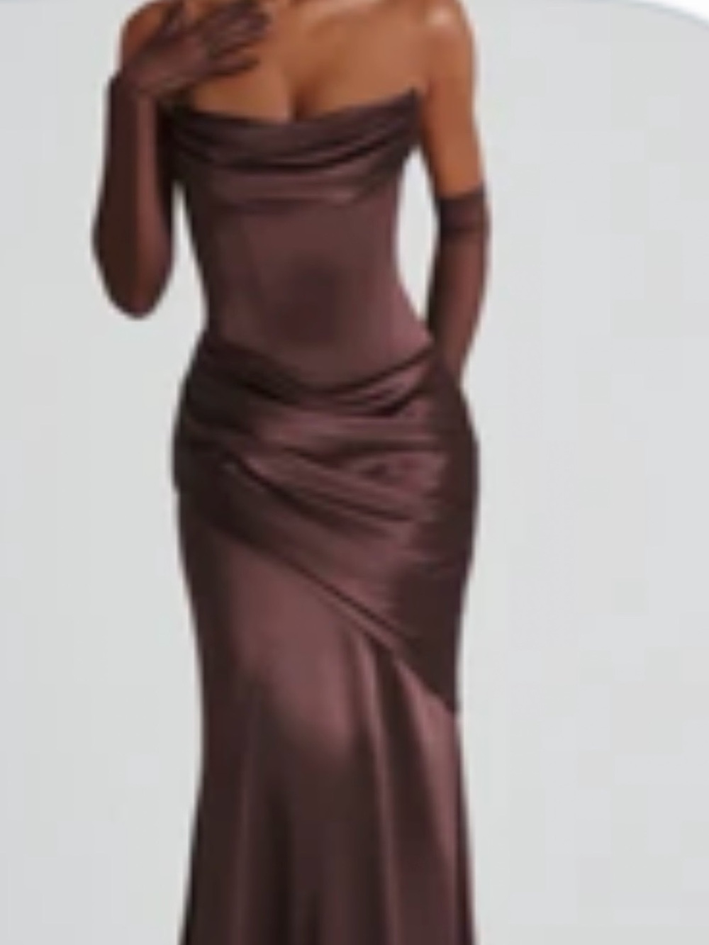Strapless Chocolate Brown Satin Evening Dress with Neck Scarf